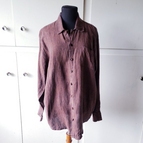 FLAX Size S Brown Linen Long Button Down Shirt - Picture 1 of 5